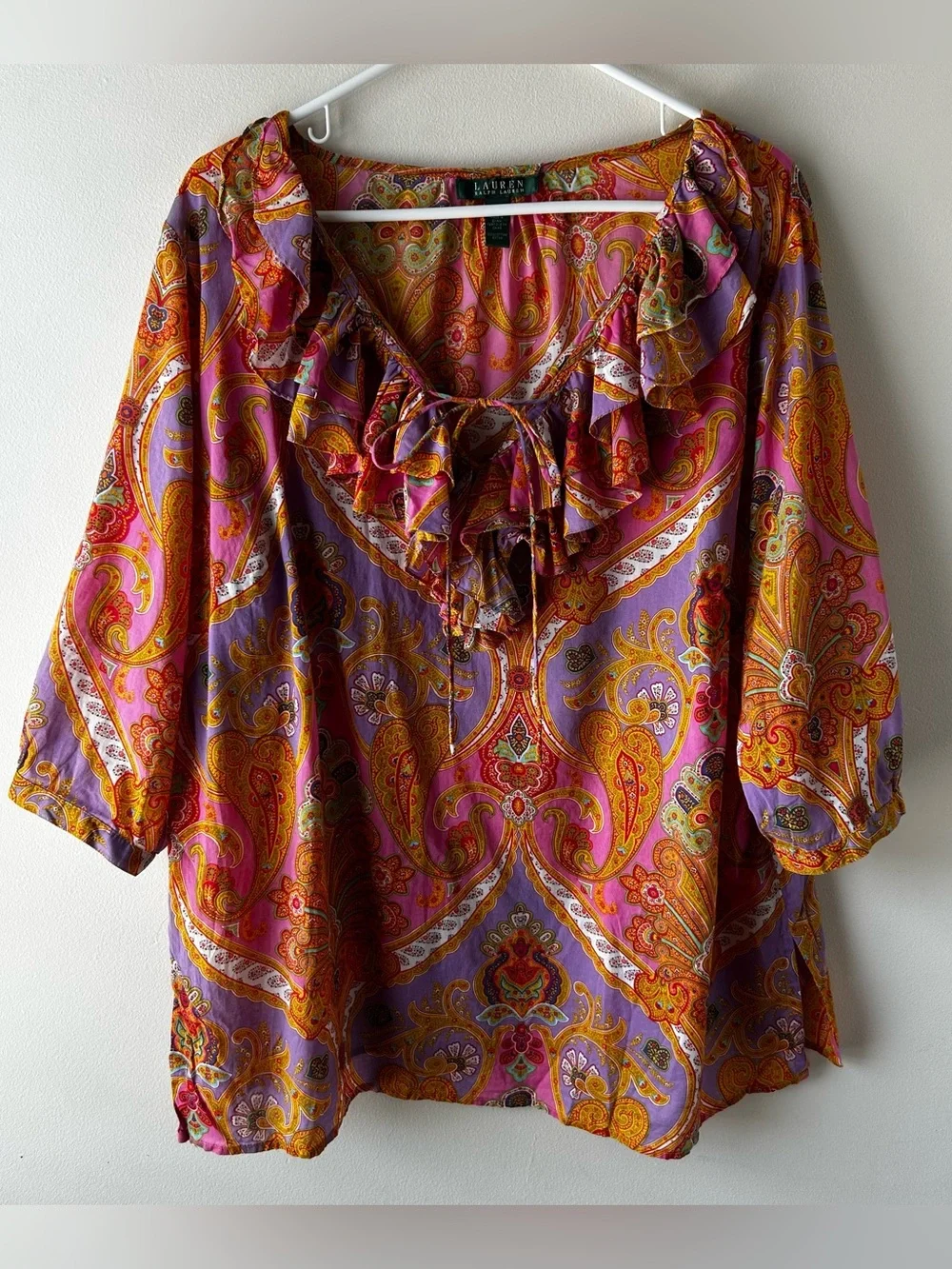 Boho Lauren Ralph Lauren Ruffle Blouse 3/4 Sleeve Paisley Orange Purple Pink 1X